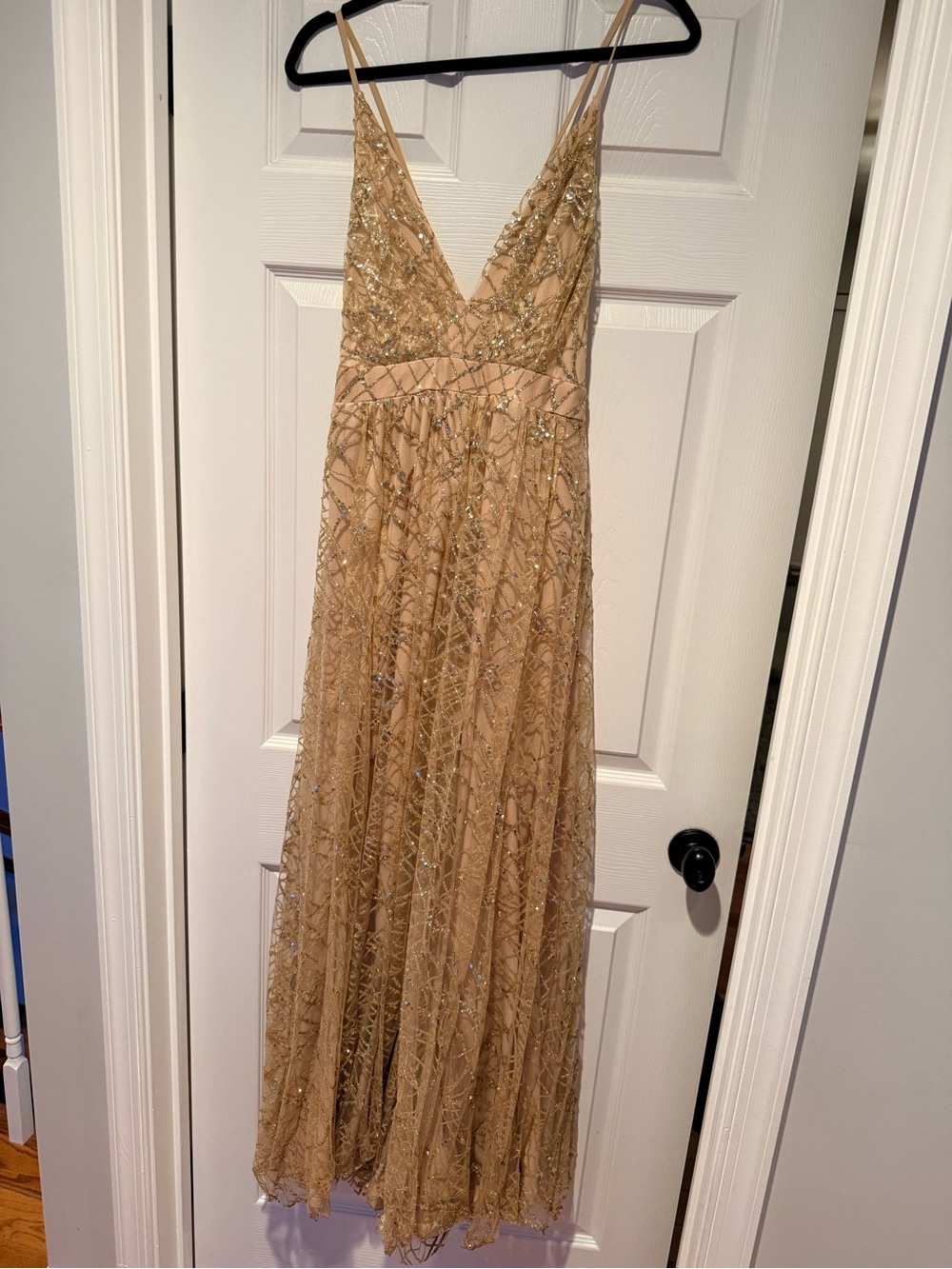 Luxxel gold sequin & Beaded deep V-Neck maxi Evening Dress